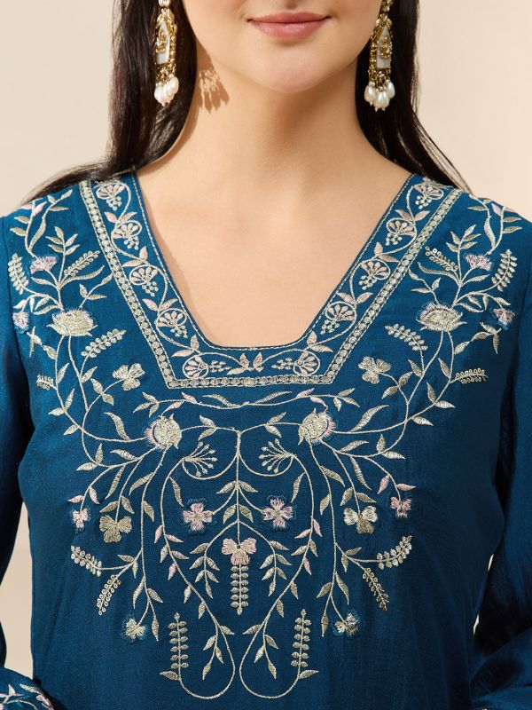 Globus Women Blue Floral Embroidered V-Neck Bell Sleeves Straight Kurta With Pants Festive Set