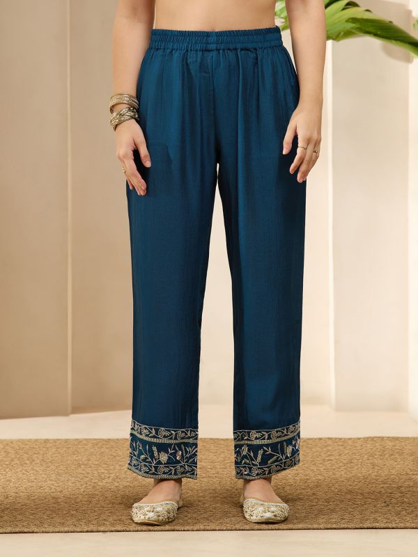Globus Women Blue Floral Embroidered V-Neck Bell Sleeves Straight Kurta With Pants Festive Set