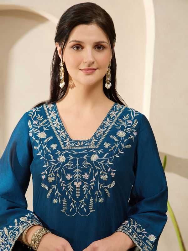 Globus Women Blue Floral Embroidered V-Neck Bell Sleeves Straight Kurta With Pants Festive Set