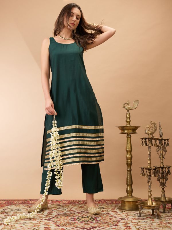 Globus Women Green Sleeveless Round Neck Gotta Lace hem Straight Kurta With Pant Festive Set