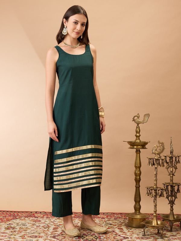Globus Women Green Sleeveless Round Neck Gotta Lace hem Straight Kurta With Pant Festive Set