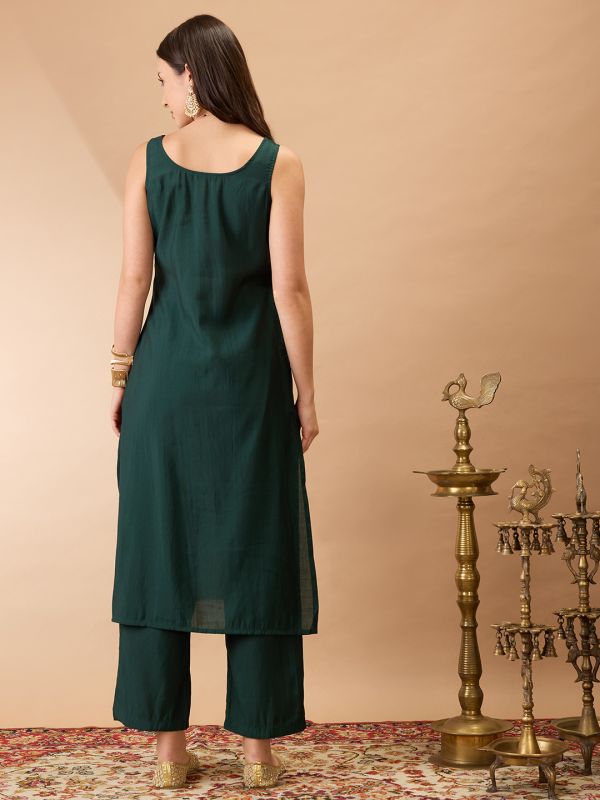 Globus Women Green Sleeveless Round Neck Gotta Lace hem Straight Kurta With Pant Festive Set