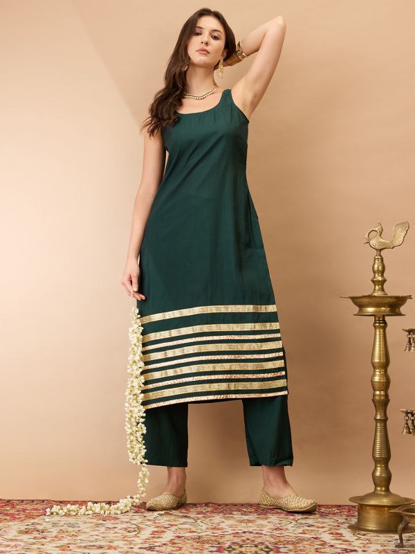 Globus Women Green Sleeveless Round Neck Gotta Lace hem Straight Kurta With Pant Festive Set