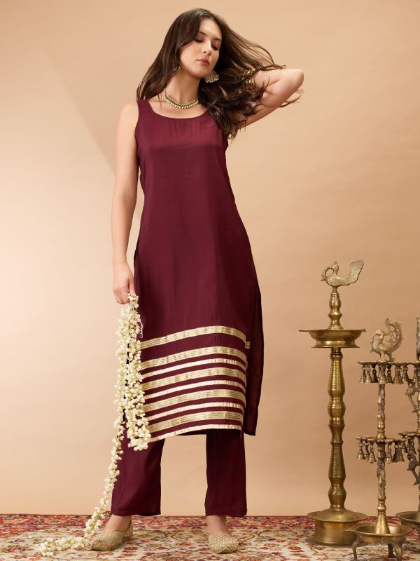 Globus Women Brown Sleeveless Round Neck Gotta Lace hem Straight Kurta With Pant Festive Set