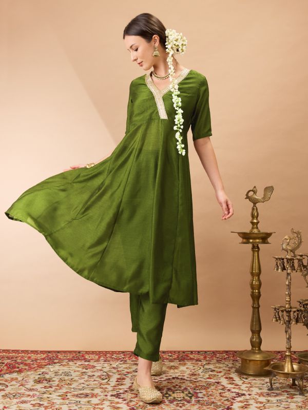 Globus Women Olive Green V-Neck Lace Detailing Anarkali Kurta With Straight Pant Festive Set