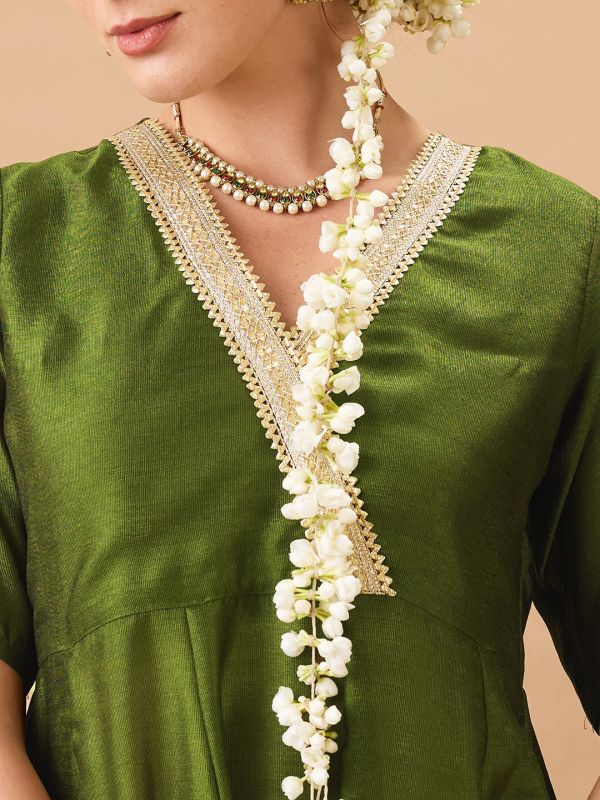 Globus Women Olive Green V-Neck Lace Detailing Anarkali Kurta With Straight Pant Festive Set