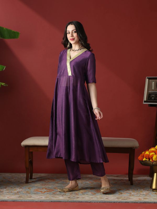Globus Women Purple Lace Detail V-Neck Panelled Anarkali Kurta With Straight Pants Festive Set