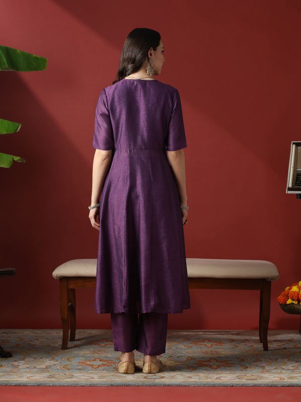 Globus Women Purple Lace Detail V-Neck Panelled Anarkali Kurta With Straight Pants Festive Set