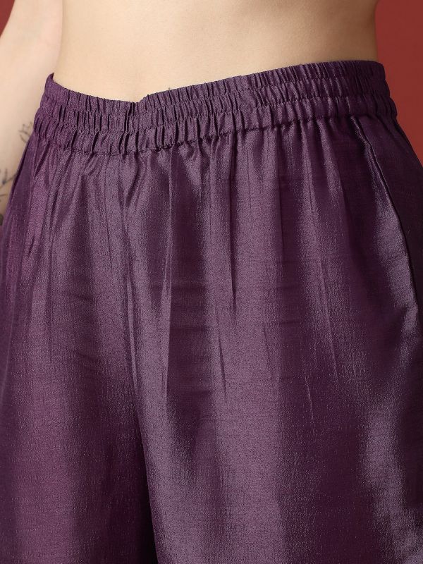 Globus Women Purple Lace Detail V-Neck Panelled Anarkali Kurta With Straight Pants Festive Set