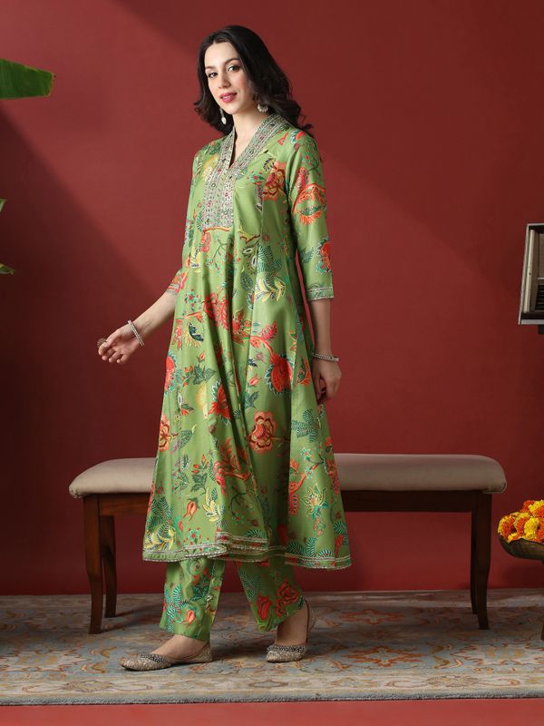 Globus Women Green Zari Embroidered V-Neck Panelled Floral Print Anarakali Kurta With Pants Festive Set