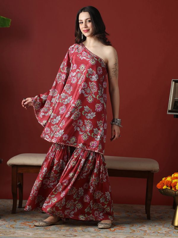 Globus Women Red Floral Print Mirror Detail One Shoulder Tunic & Sharara Fusion Co-Ord Set