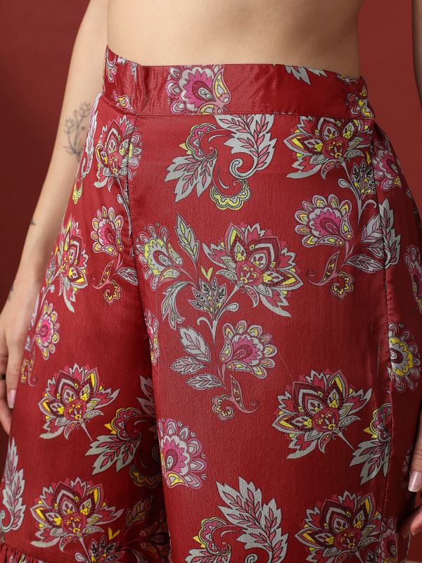 Globus Women Red Floral Print Mirror Detail One Shoulder Tunic & Sharara Fusion Co-Ord Set
