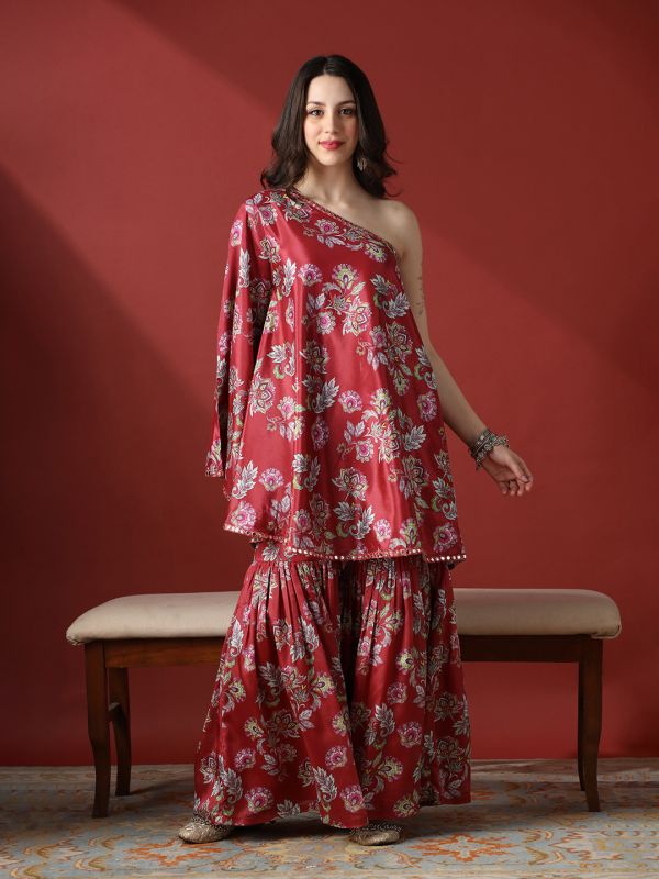 Globus Women Red Floral Print Mirror Detail One Shoulder Tunic & Sharara Fusion Co-Ord Set