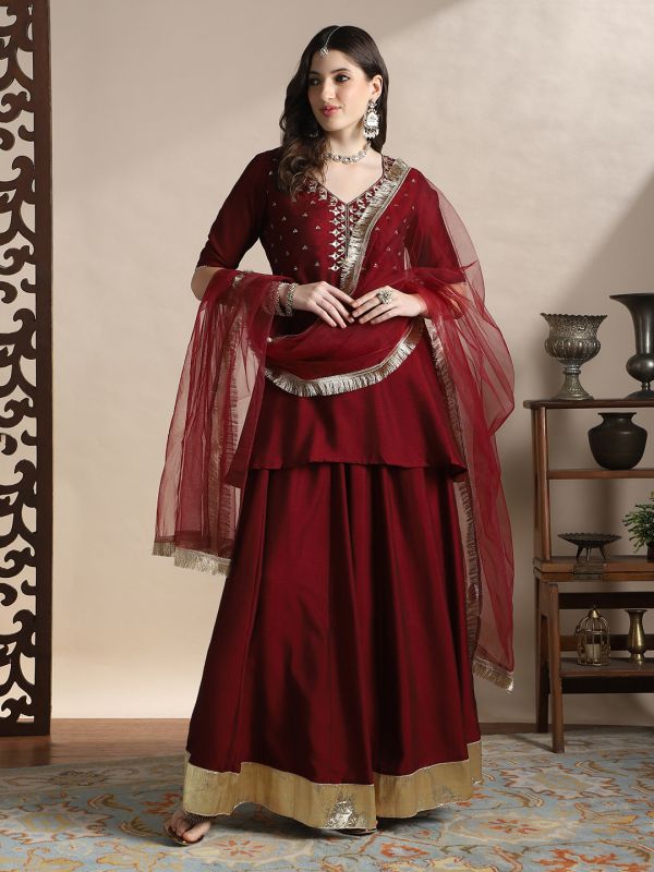 Globus Women Maroon Sequin Embroidered Yoke V-Neck Tunic With Gotta lace Flared Hem Skirt & Fringed lace Dupatta Festive Coords Set