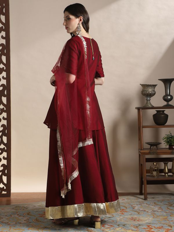 Globus Women Maroon Sequin Embroidered Yoke V-Neck Tunic With Gotta lace Flared Hem Skirt & Fringed lace Dupatta Festive Coords Set