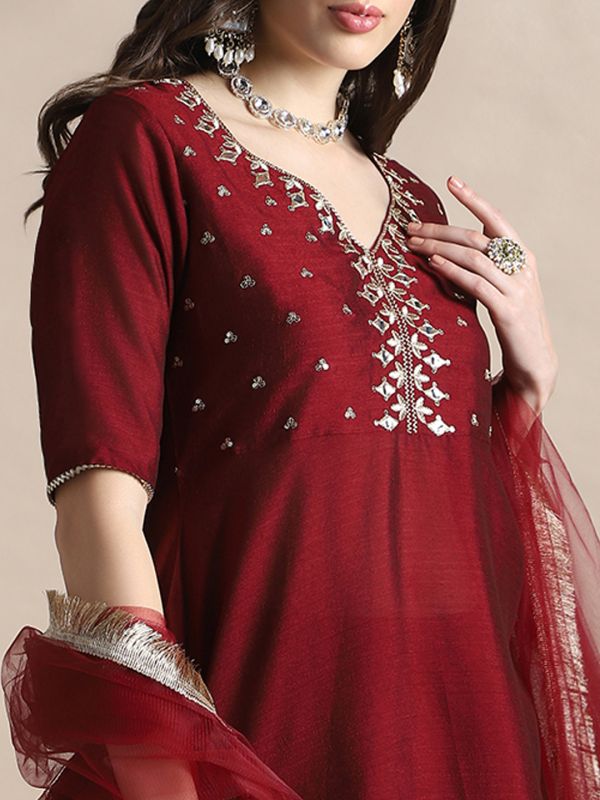 Globus Women Maroon Sequin Embroidered Yoke V-Neck Tunic With Gotta lace Flared Hem Skirt & Fringed lace Dupatta Festive Coords Set