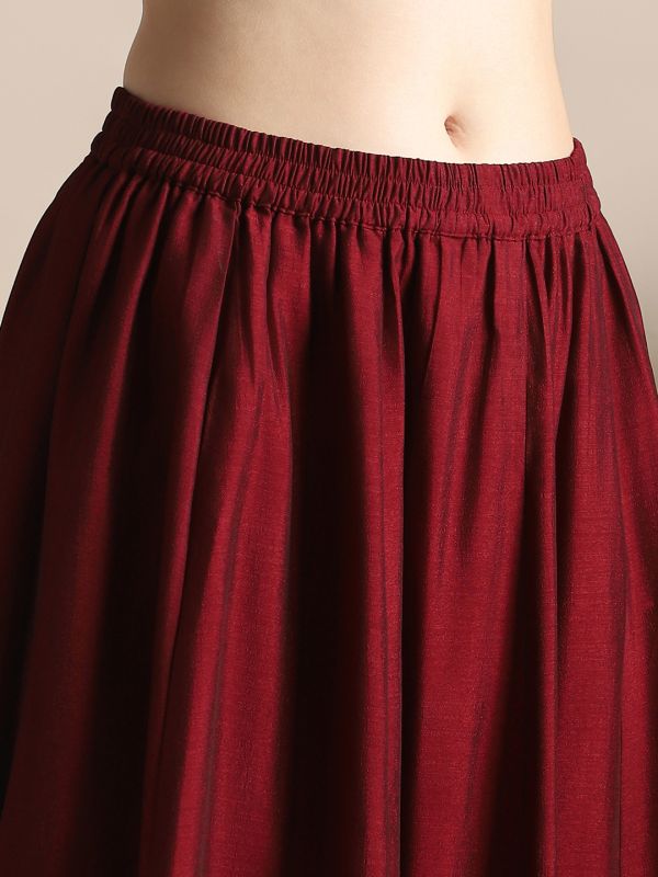 Globus Women Maroon Sequin Embroidered Yoke V-Neck Tunic With Gotta lace Flared Hem Skirt & Fringed lace Dupatta Festive Coords Set
