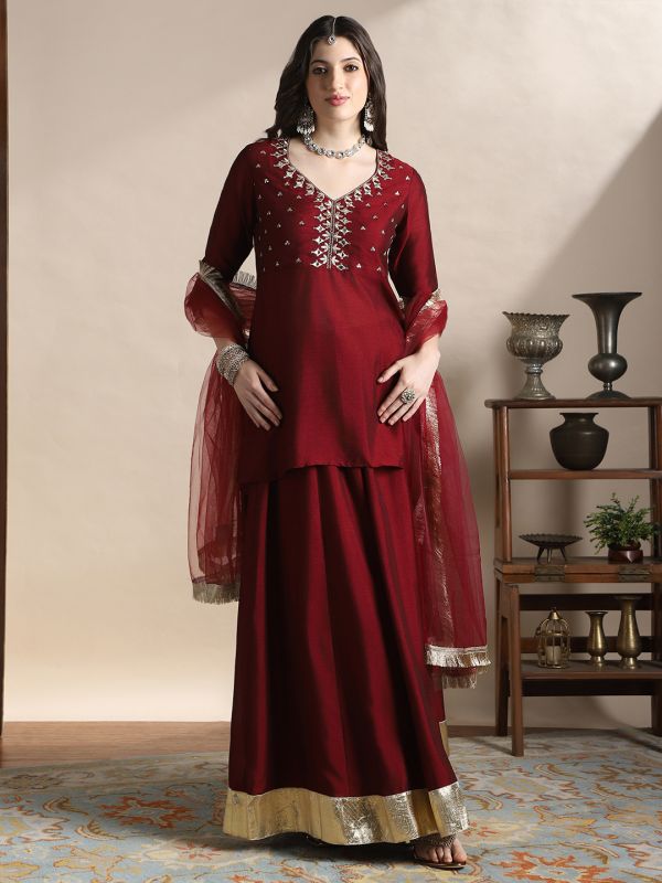 Globus Women Maroon Sequin Embroidered Yoke V-Neck Tunic With Gotta lace Flared Hem Skirt & Fringed lace Dupatta Festive Coords Set