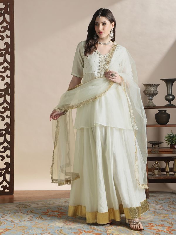 Globus Women Off-White Sequin Embroidered Yoke V-Neck Tunic With Gotta lace Flared Hem Skirt & Fringed lace Dupatta Festive Coords Set