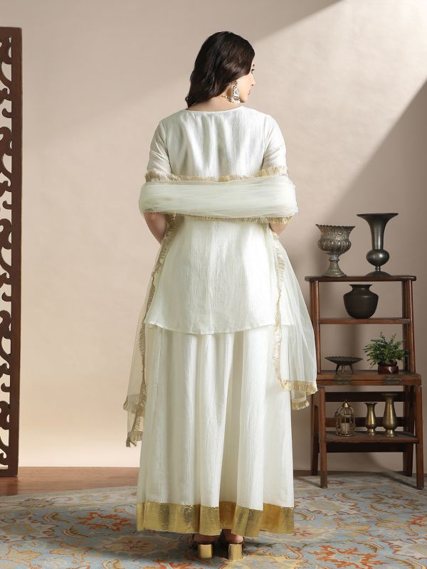Globus Women Off-White Sequin Embroidered Yoke V-Neck Tunic With Gotta lace Flared Hem Skirt & Fringed lace Dupatta Festive Coords Set