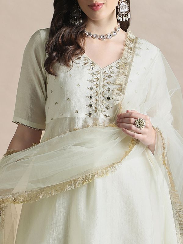 Globus Women Off-White Sequin Embroidered Yoke V-Neck Tunic With Gotta lace Flared Hem Skirt & Fringed lace Dupatta Festive Coords Set