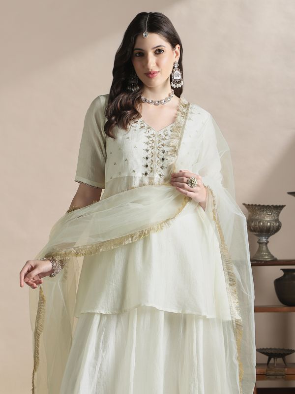 Globus Women Off-White Sequin Embroidered Yoke V-Neck Tunic With Gotta lace Flared Hem Skirt & Fringed lace Dupatta Festive Coords Set