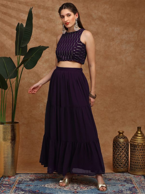Globus Women Purple Sequinned Embroidered Halter Neck Sleeveless Georgette Crop Top & Tiered Skirt Fusion Co-Ord Set