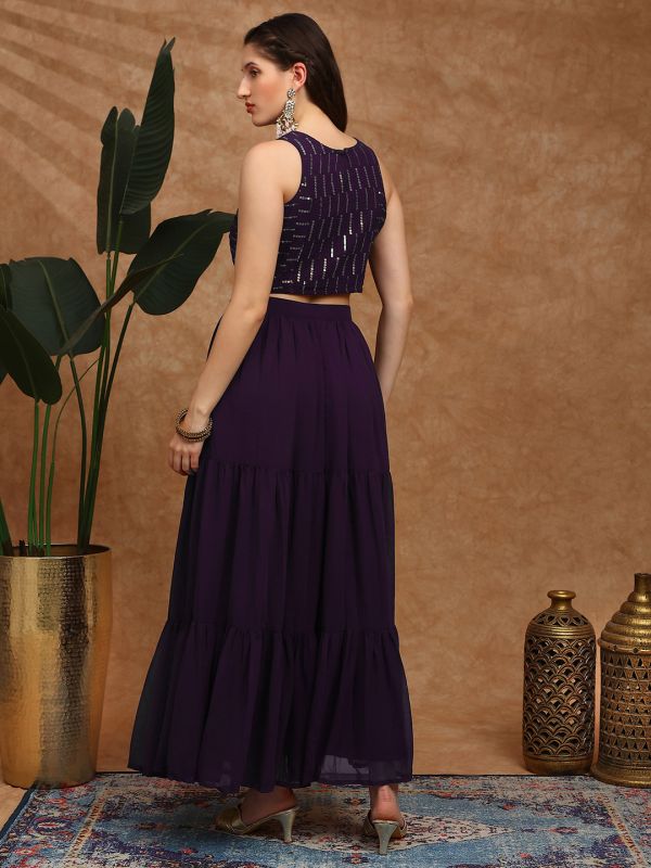 Globus Women Purple Sequinned Embroidered Halter Neck Sleeveless Georgette Crop Top & Tiered Skirt Fusion Co-Ord Set
