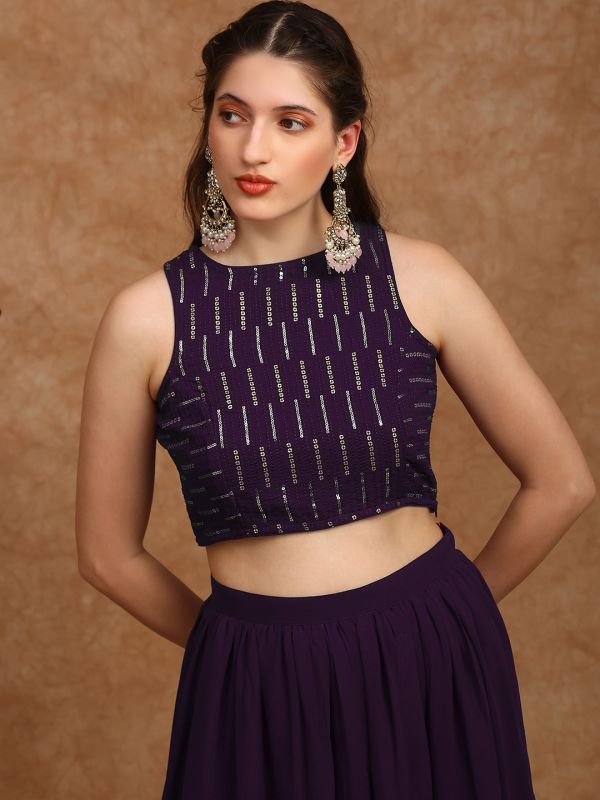 Globus Women Purple Sequinned Embroidered Halter Neck Sleeveless Georgette Crop Top & Tiered Skirt Fusion Co-Ord Set