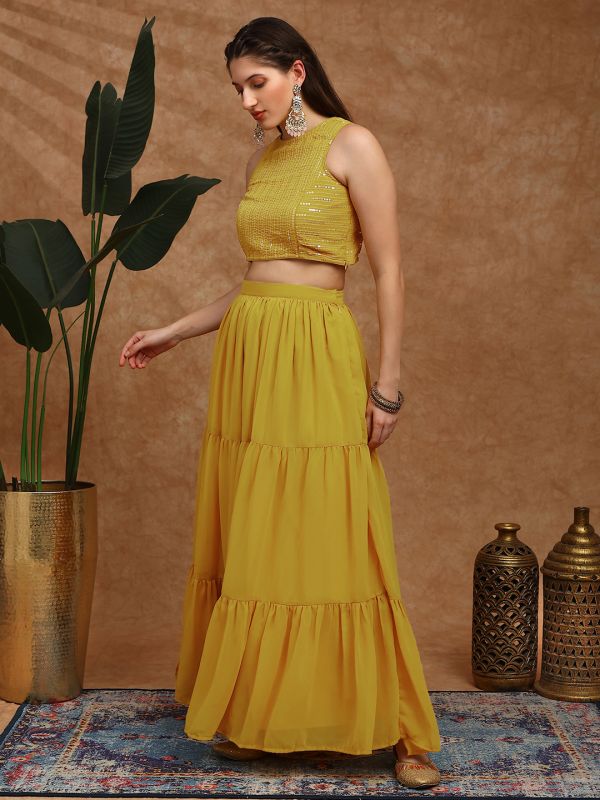 Globus Women Mustard Sequinned Embroidered Halter Neck Sleeveless Georgette Crop Top & Tiered Skirt Fusion Co-Ord Set