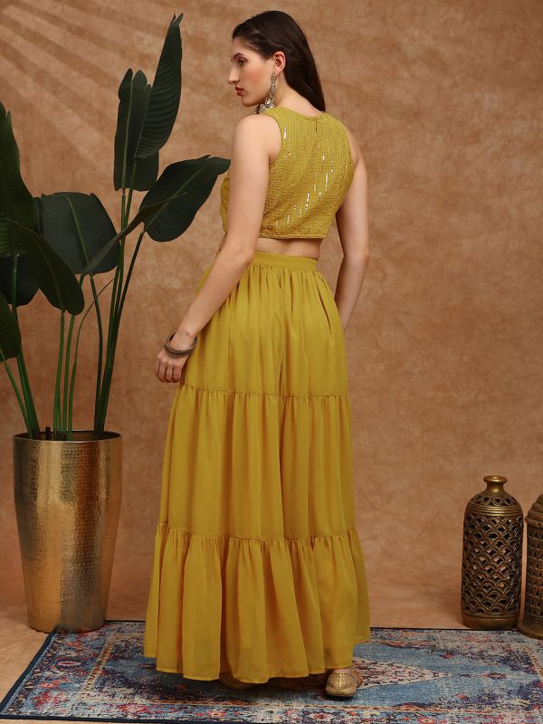 Globus Women Mustard Sequinned Embroidered Halter Neck Sleeveless Georgette Crop Top & Tiered Skirt Fusion Co-Ord Set