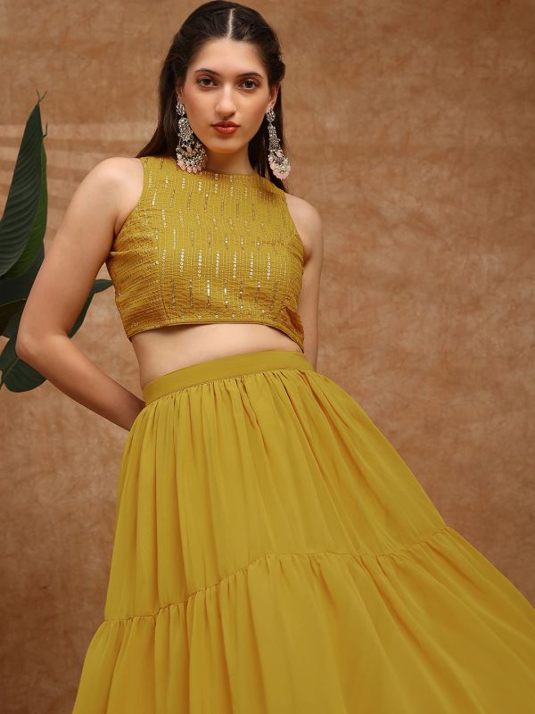 Globus Women Mustard Sequinned Embroidered Halter Neck Sleeveless Georgette Crop Top & Tiered Skirt Fusion Co-Ord Set
