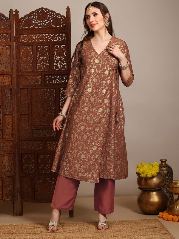 Globus Women Rust V-Neck Gold Foil Floral Print Angrakha A-Line Kurta With Pants Festive Set