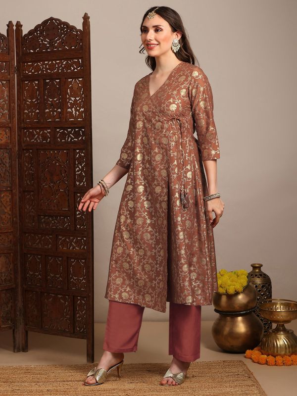 Globus Women Rust V-Neck Gold Foil Floral Print Angrakha A-Line Kurta With Pants Festive Set