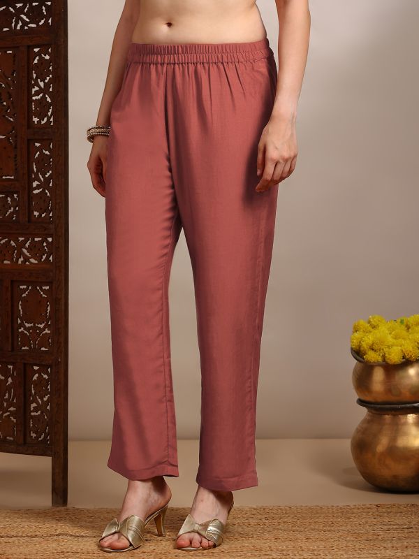 Globus Women Rust V-Neck Gold Foil Floral Print Angrakha A-Line Kurta With Pants Festive Set