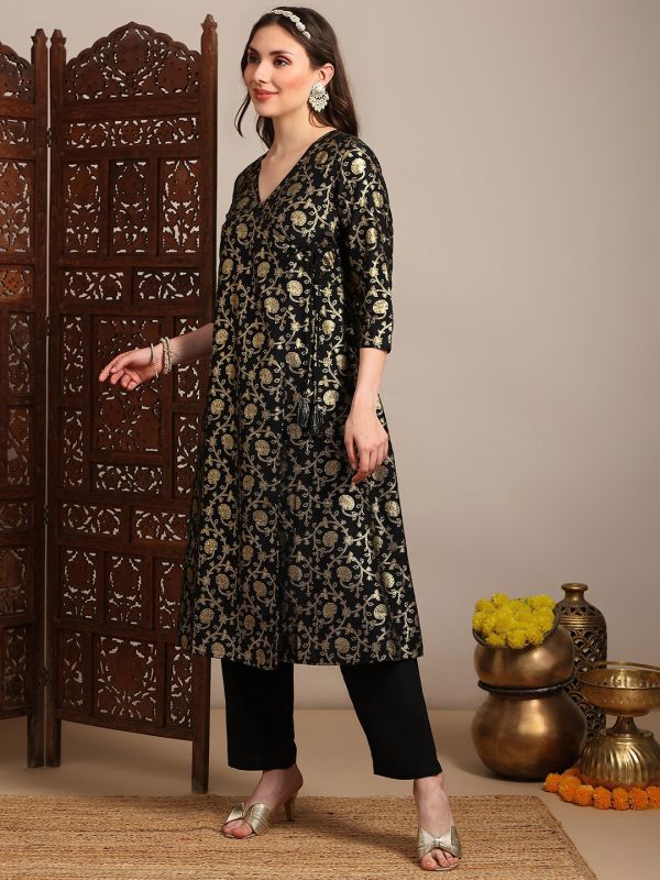 Globus Women Black V-Neck Gold Foil Floral Print Angrakha A-Line Kurta With Pants Festive Set