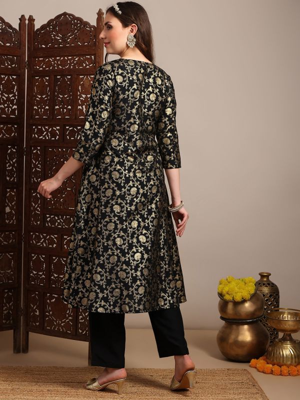 Globus Women Black V-Neck Gold Foil Floral Print Angrakha A-Line Kurta With Pants Festive Set