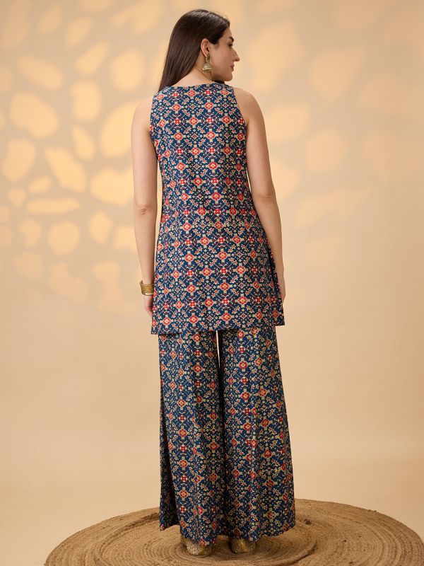 Globus Women Navy Blue Embroidered & Mirror Work Yoke Ethnic Print Kurti With Palazzos Festive Co-Ord Set