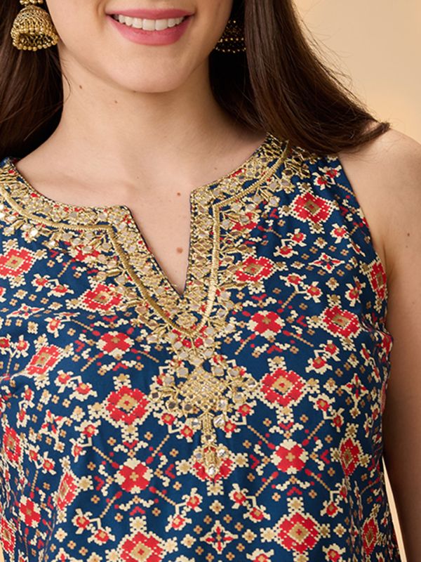 Globus Women Navy Blue Embroidered & Mirror Work Yoke Ethnic Print Kurti With Palazzos Festive Co-Ord Set