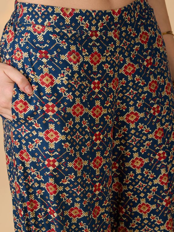 Globus Women Navy Blue Embroidered & Mirror Work Yoke Ethnic Print Kurti With Palazzos Festive Co-Ord Set