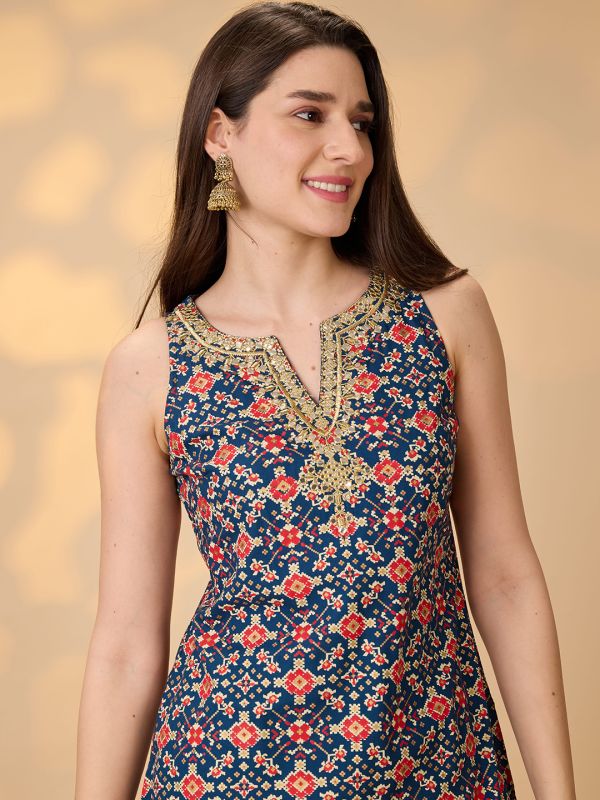 Globus Women Navy Blue Embroidered & Mirror Work Yoke Ethnic Print Kurti With Palazzos Festive Co-Ord Set