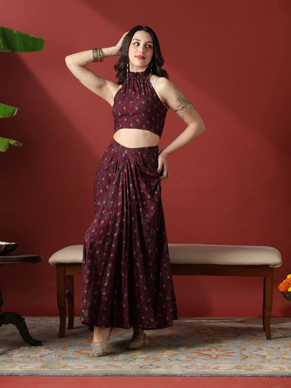 Globus Women Maroon Floral Print Smock Detail Halter Neck Crop Top With Pleated Maxi Skirt Fusion Co-Ord Set