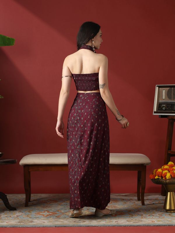 Globus Women Maroon Floral Print Smock Detail Halter Neck Crop Top With Pleated Maxi Skirt Fusion Co-Ord Set