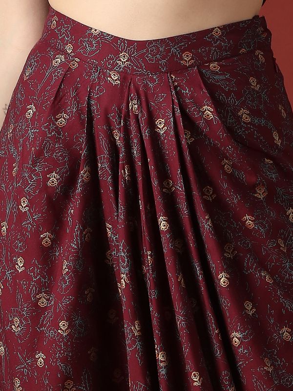 Globus Women Maroon Floral Print Smock Detail Halter Neck Crop Top With Pleated Maxi Skirt Fusion Co-Ord Set