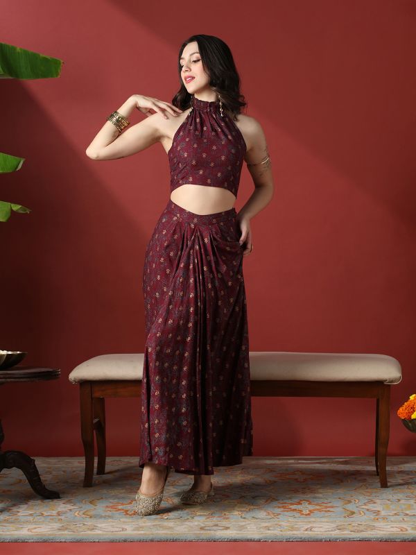 Globus Women Maroon Floral Print Smock Detail Halter Neck Crop Top With Pleated Maxi Skirt Fusion Co-Ord Set