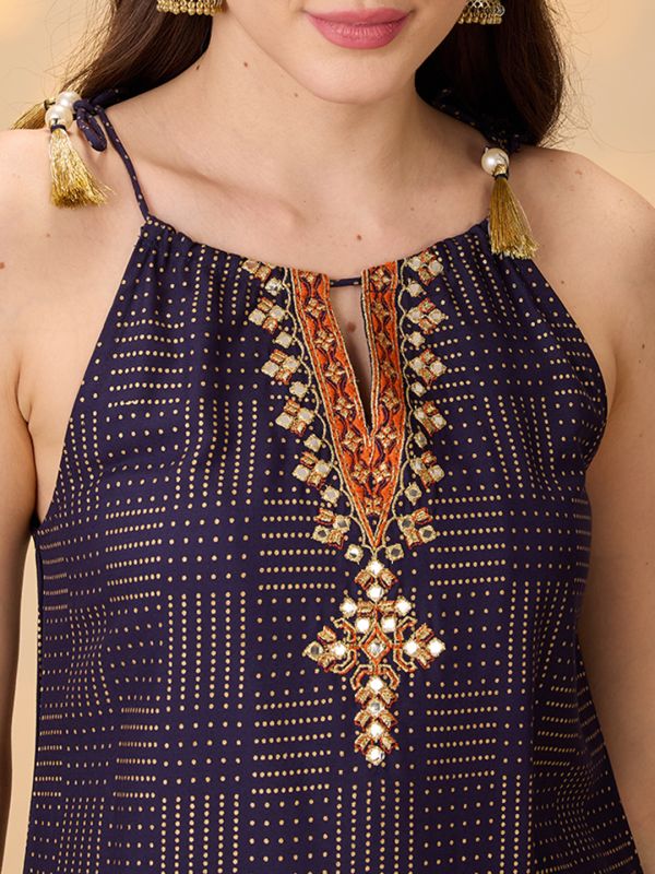 Globus Women Navy Blue Embroidered Yoke Halter Neck Tie-Up Shoulder Straps Gold Foil Printed A-Line Kurta With Pants Festive Set