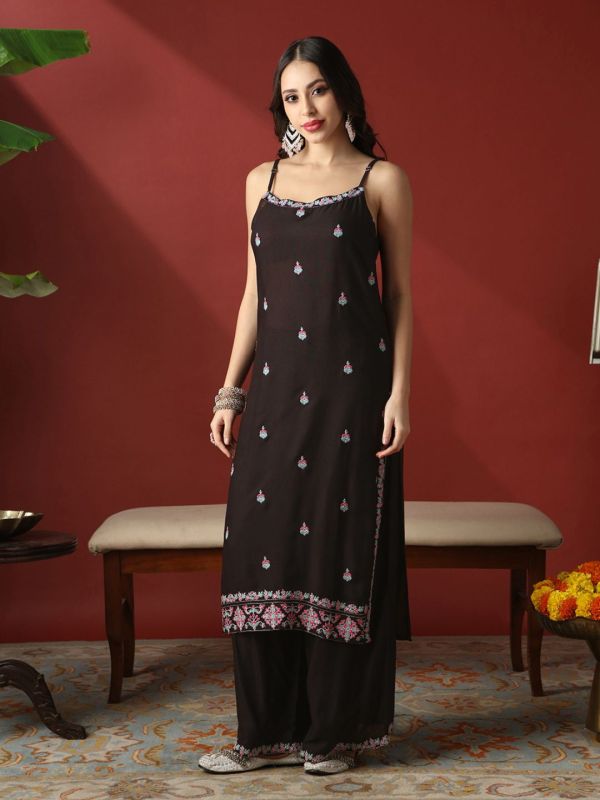 Globus Women Black Round Neck Strappy Shoulder Floral Embroidered Straight Kurta With Wide Leg Pants Festive Set