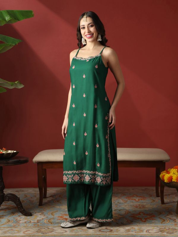 Globus Women Green Round Neck Strappy Shoulder Floral Embroidered Straight Kurta With Wide Leg Pants Festive Set