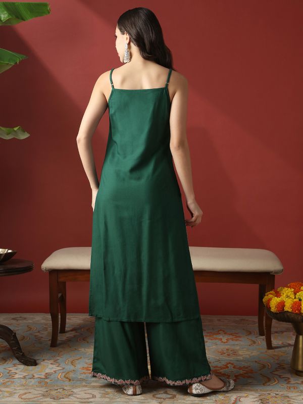 Globus Women Green Round Neck Strappy Shoulder Floral Embroidered Straight Kurta With Wide Leg Pants Festive Set