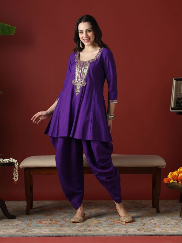 Globus Women Purple Sequinned & Embroidered Yoke A-Line Tunic With Dhoti Pants Festive Co-Ord Set